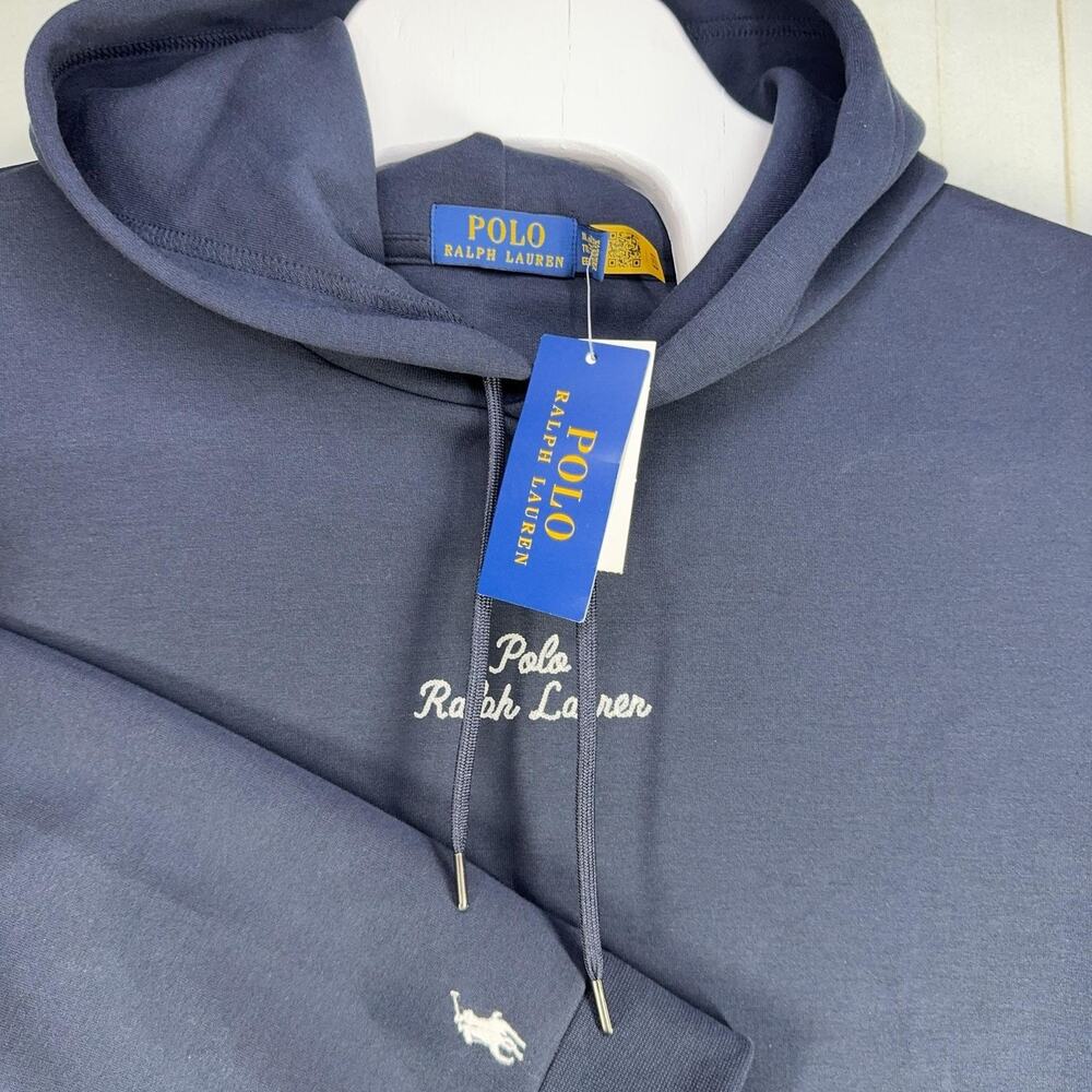 PRL Script Logo Hoodie Mens 2XL Navy Blue Fleece Pullover Polo Ralph Lauren Pony